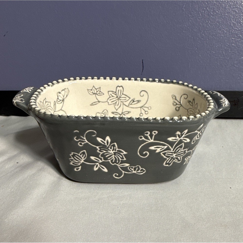 Temptations Floral Lace Ceramic Loaf Pan Gray/White 12 oz Oven Safe 450°F